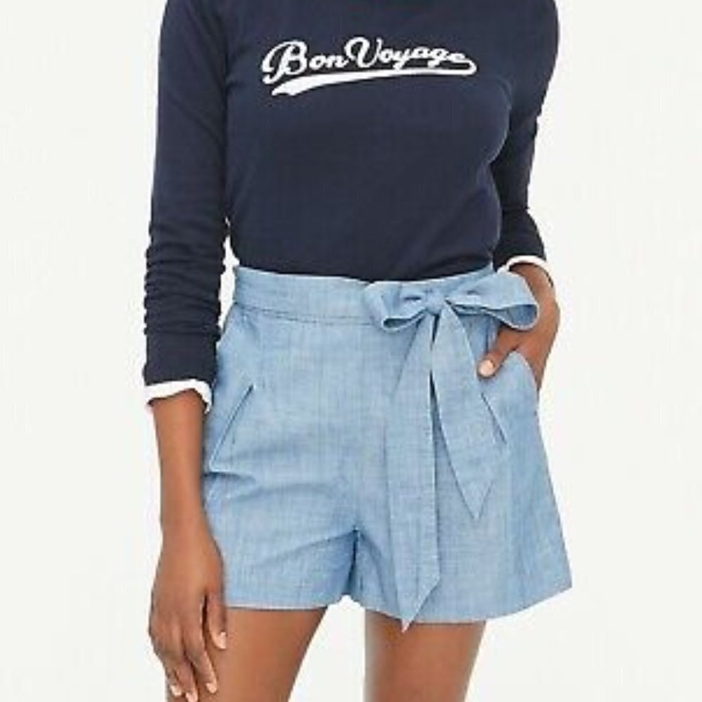 J.Crew Trademark tie-waist Shorts Chambray Denim High Waist Wide Leg Size 4